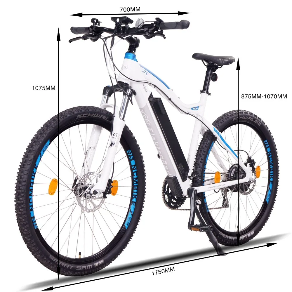 NCM Moscow Plus E-Mountainbike 27,5 Zoll in Weiß – robustes Elektro-MTB für Offroad-Trails und Outdoor-Abenteuer, mit Abmessungen