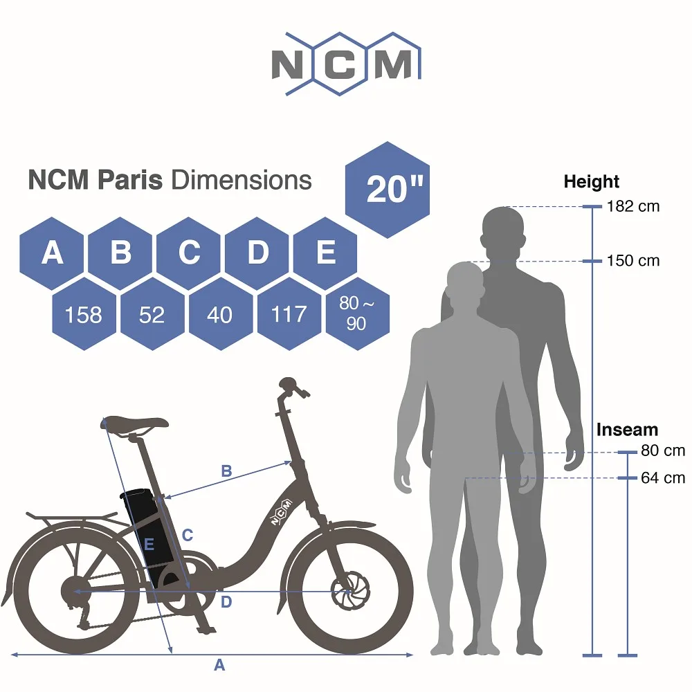 Rahmengeometrie und Abmessungen des NCM Paris Plus 20″ E-Bikes als Orientierung für die passende Größe