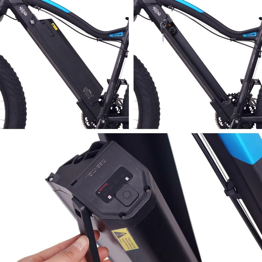 3 Fotots mit Rahmen eines NCM Aspen Fatbikes – Detailaufnahme