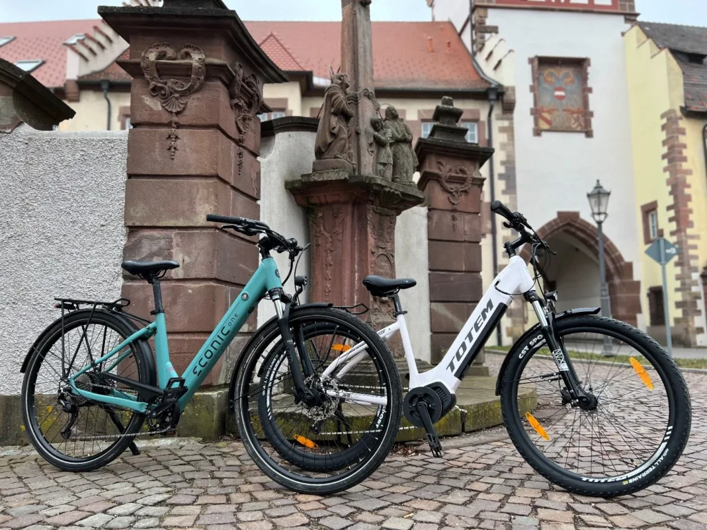 Zwei E-Bikes der Marken Totem und Eonic auf der Straße neben einem Denkmal – anschauliches Bild für den E-Bike Akku Ratgeber von E-Move24.