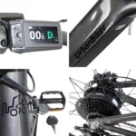 Teile von E-Bikes der Marke UrbanBiker UB300: Display, Rahmen, Pedalen und Motor von Bafang