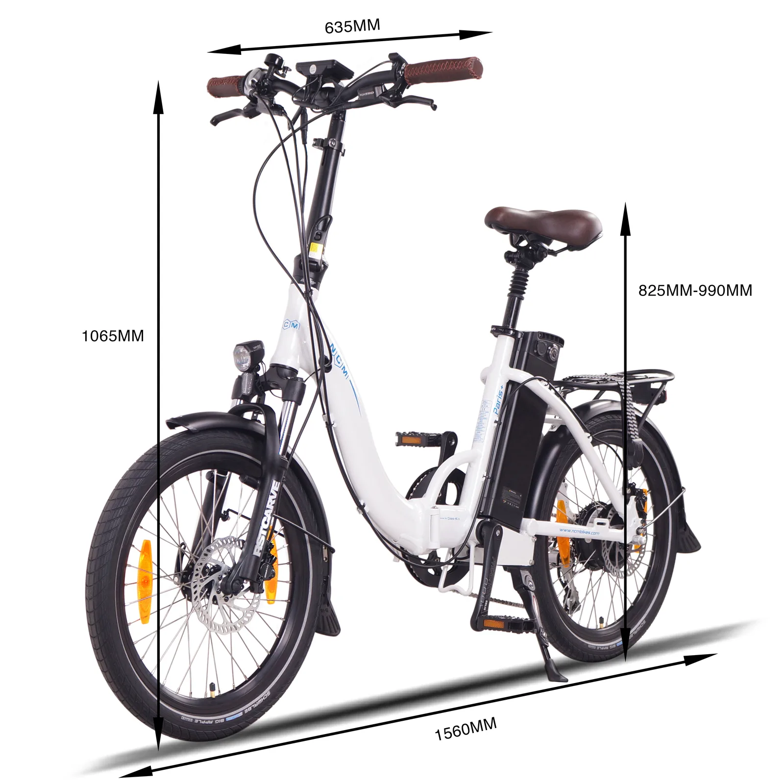 NCM Paris Plus Faltrad Weiß – faltbares E-Bike für komfortable Stadtmobilität und Pendelstrecken mit Abmessungen (Höhe und Breite)