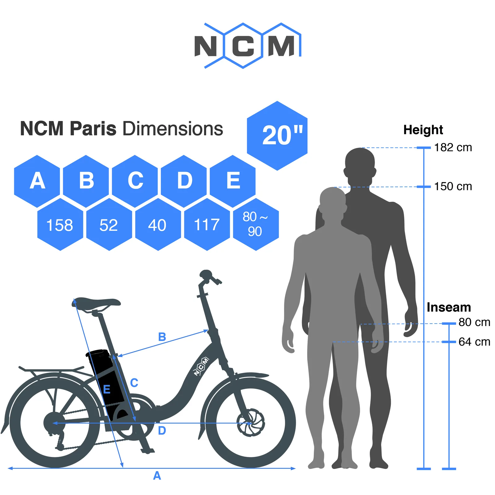 Geometrie- und Größenübersicht des NCM Paris 20 Zoll E-Bikes zur Auswahl der richtigen Rahmenhöhe