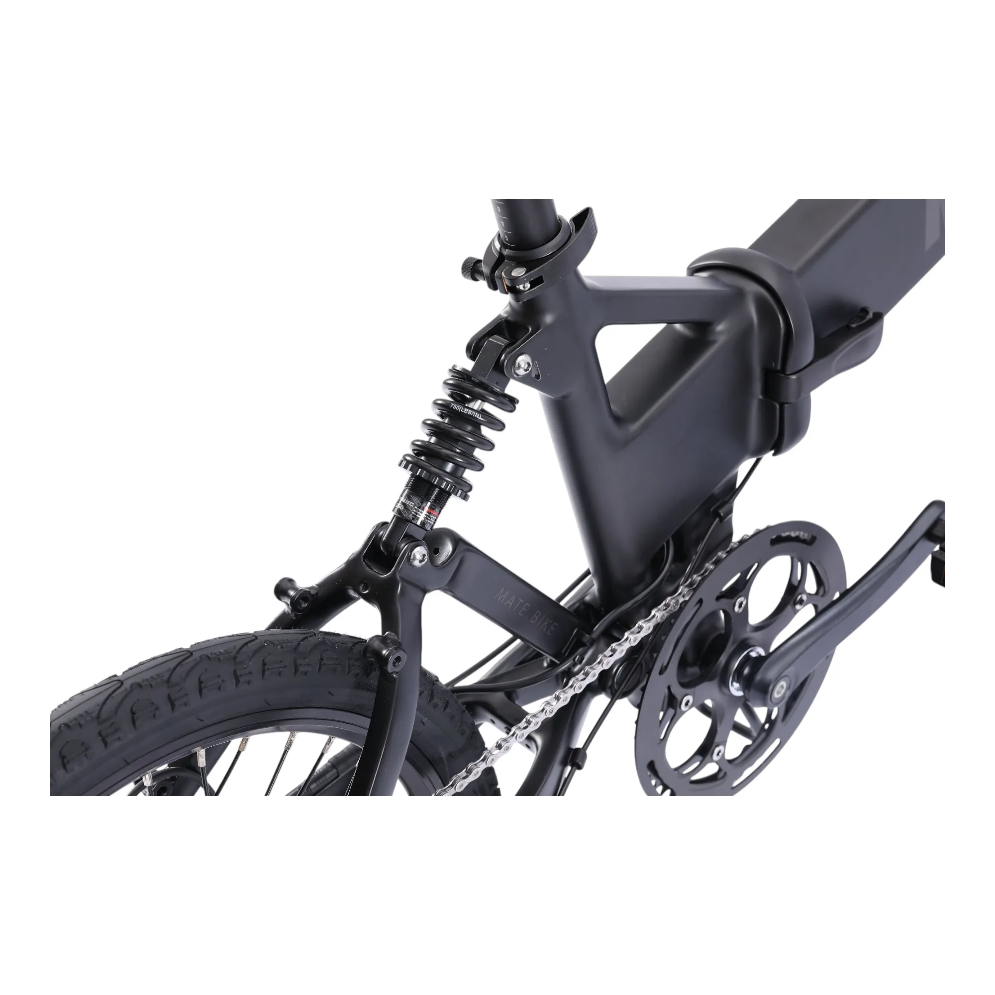 Detailaufnahme des Stoßdämpfers am Mate Icon E-Bike