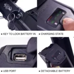 4 Ansichten von E-Bike Zubehör: Fahrradschloss, Ladeoption, USB Port und Akku