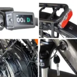 4 Nahaufnahmen eines UrbanBiker UB300 E-Bikes : Display, Leuchte, Motor Bafang, Fahrradschloss