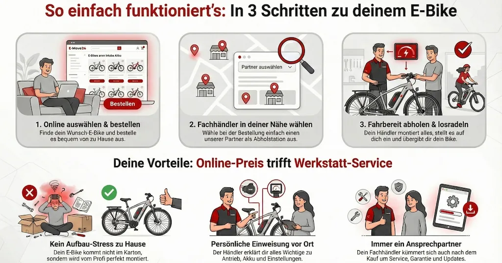 E-Bike Kaufprozess: online auswählen, Fachhändler wählen und fahrbereit abholen