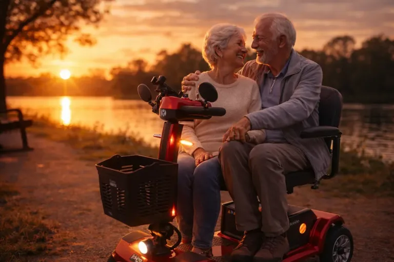 Zwei mobilitätseingeschränkte Personen sitzen auf E-Seniorienmobilen und umarmen sich im Alltag.